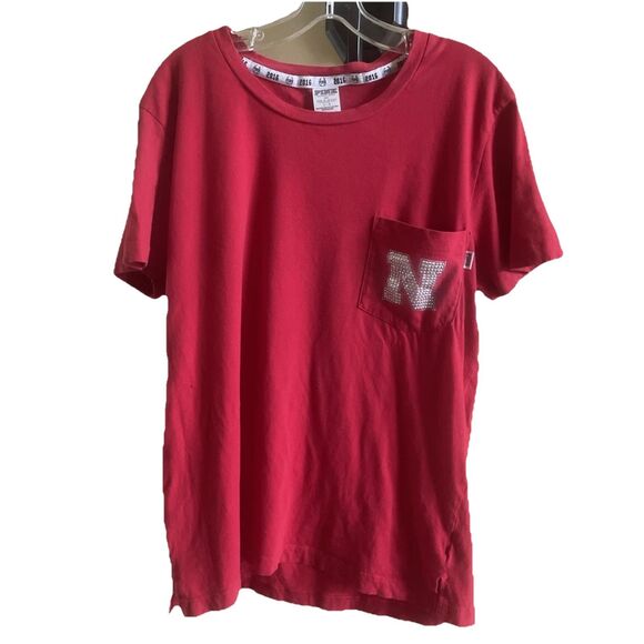 Women’s PINK Bedazzled Nebraska Huskers Short Sleeve Red Shirt Size Large - Picture 1 of 13